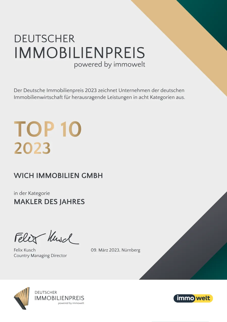 Urkunde Deutscher Immobilienpreis 2023, powered by immowelt: Top 10 für die Wich Immobilien GmbH in der Kategorie Makler des Jahres, Nürnberg, 9. März 2023